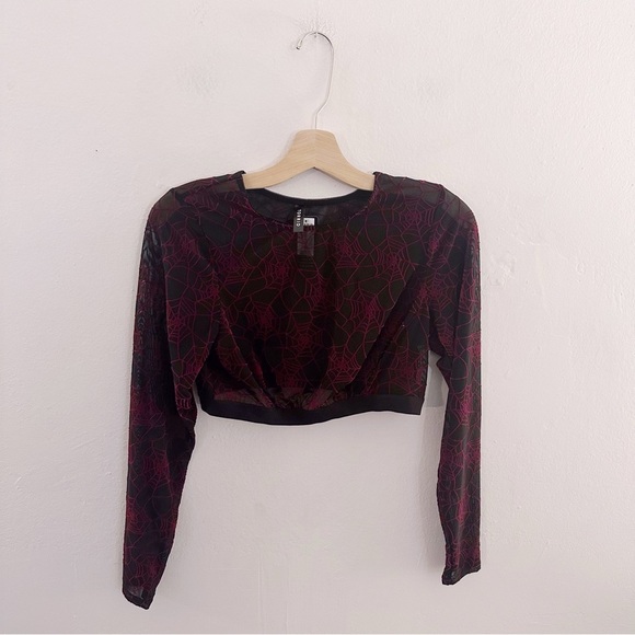 Torrid Flocked Mesh Long Sleeve Top Spider Webs Halloween Cropped Spooky - Picture 3 of 7